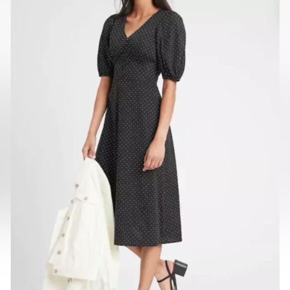 NEW Banana Republic Size 14 Black Dress White Polka Dots Puff Sleeve V-Neck - Picture 9 of 9